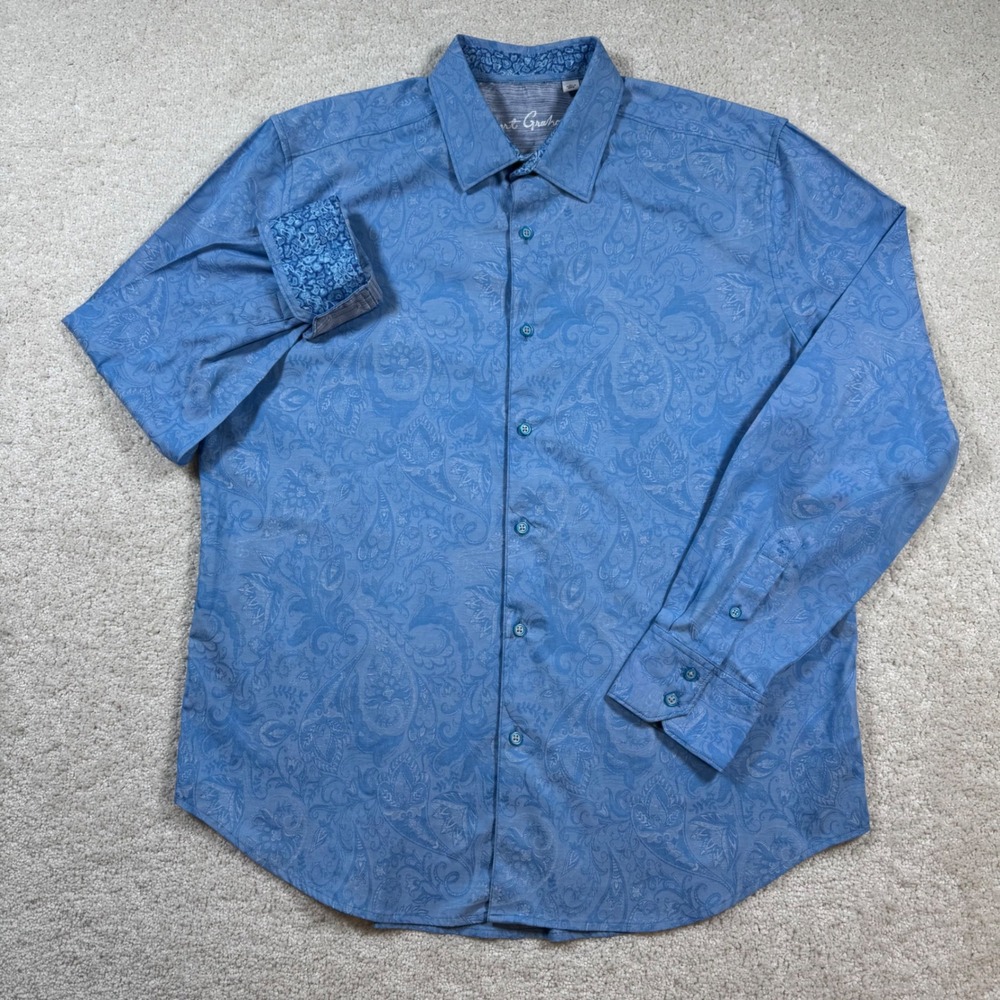 Robert Graham Button Down Mens XL Blue Paisley Jacquard Long Sleeve Shirt - Picture 2 of 8